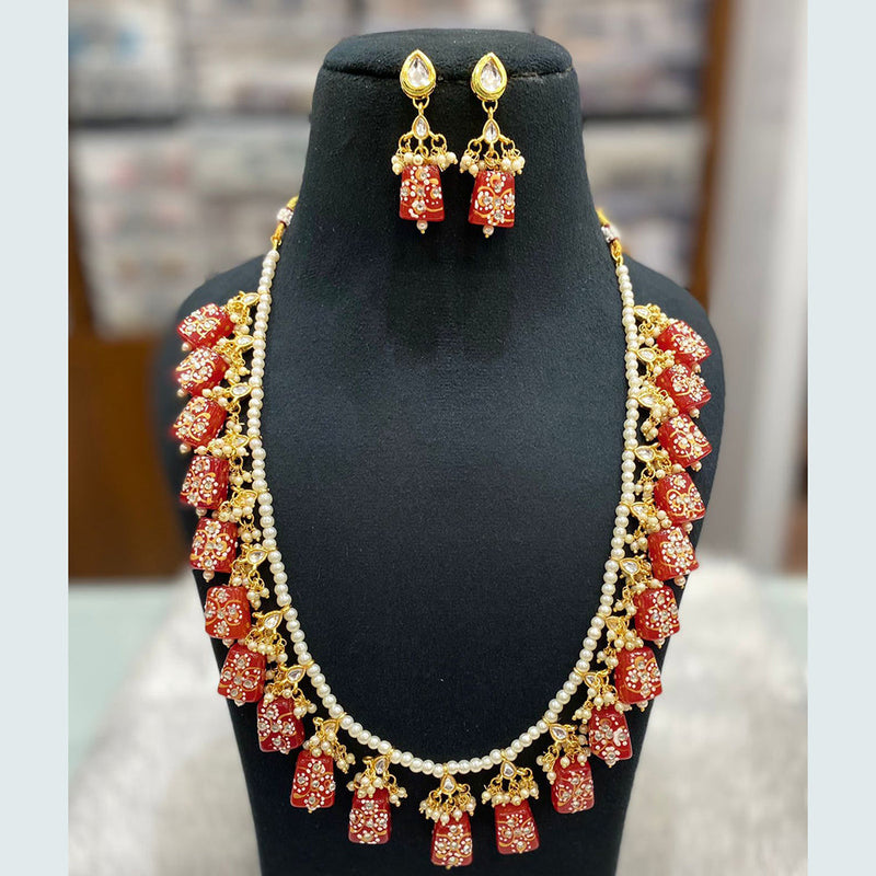 Shagna Gold Plated Kundan Stone Pearl And Beads Long Necklace Set