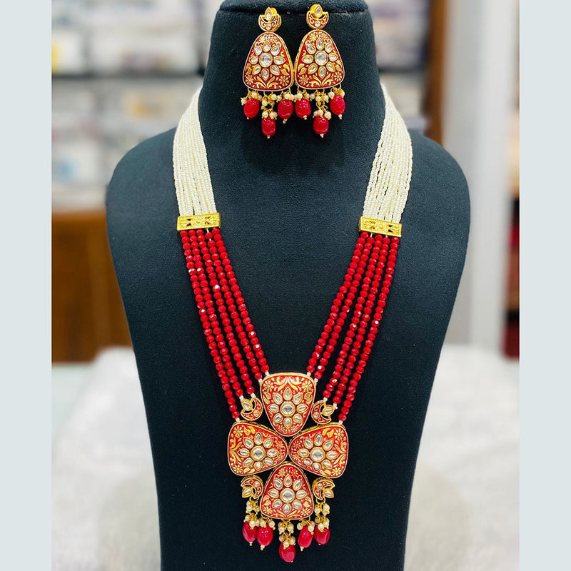 Shagna Gold Plated Kundan Stone And Beads Long Necklace Set