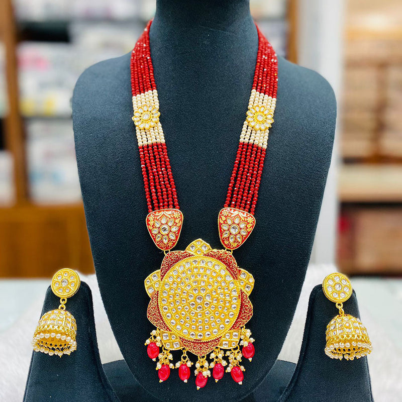 Shagna Gold Plated Kundan Stone And Beads Long Necklace Set