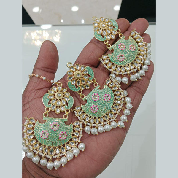 Shagna Gold Plated Kundan Stone Pearl And Beads Earrings With Mangtikka