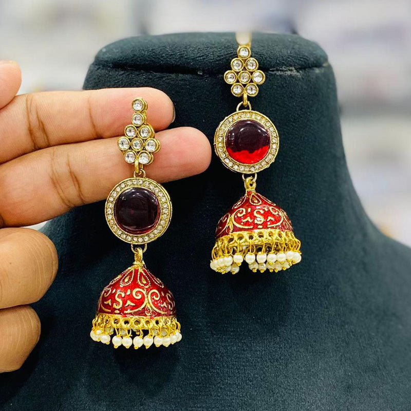 Shagna Gold Plated Kundan Stone And Meenakari Jhumki Earrings