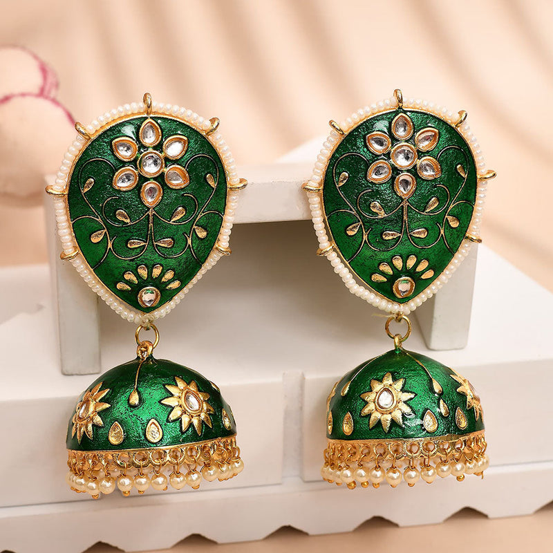 Shagna Gold Plated Kundan Stone And Meenakari Jhumki Earrings