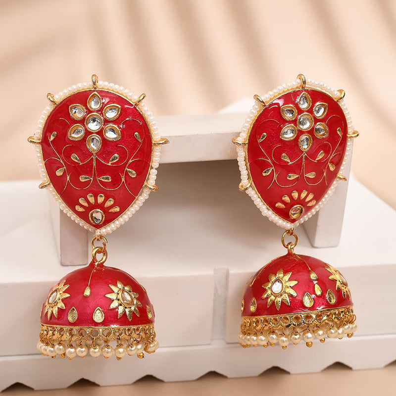 Shagna Gold Plated Kundan Stone And Meenakari Jhumki Earrings