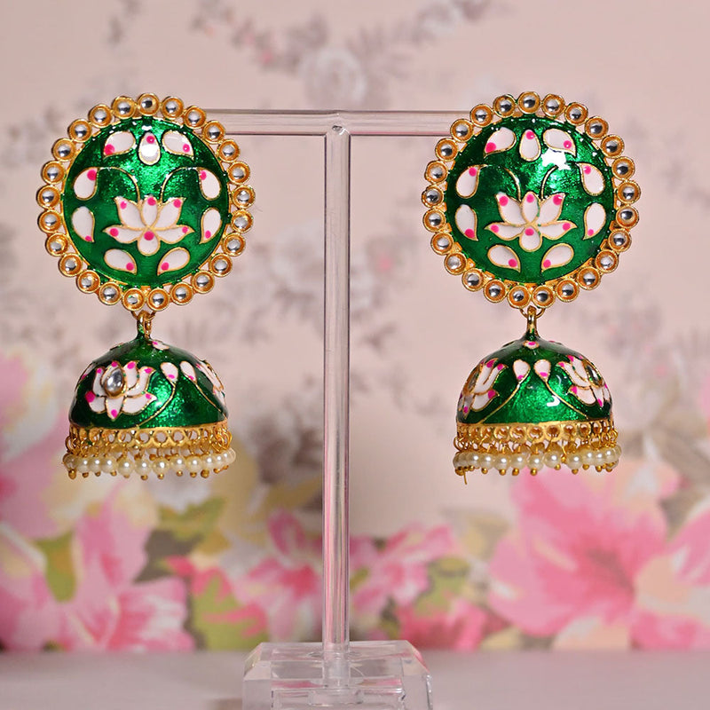 Shagna Gold Plated Kundan Stone And Meenakari Jhumki Earrings