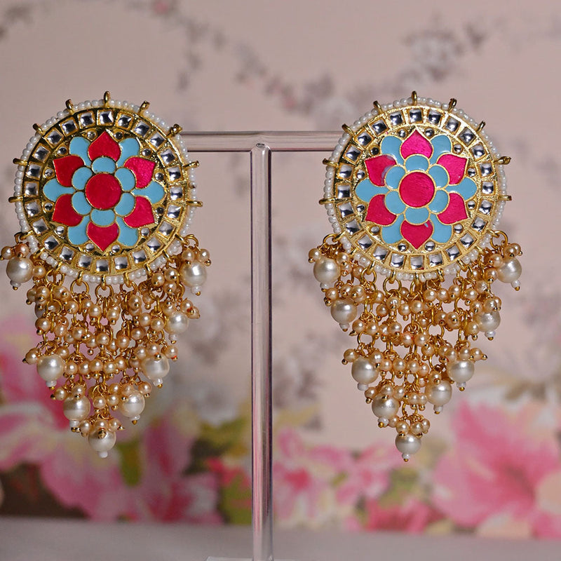 Shagna Gold Plated Kundan Stone And Meenakari Pearls Dangler Earrings