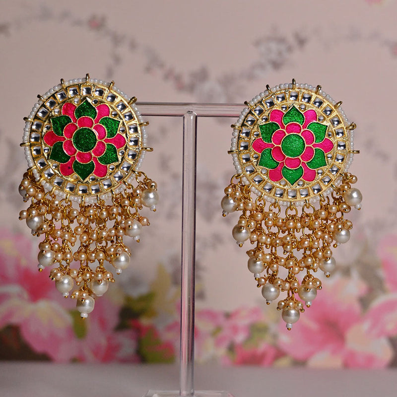 Shagna Gold Plated Kundan Stone And Meenakari Pearls Dangler Earrings