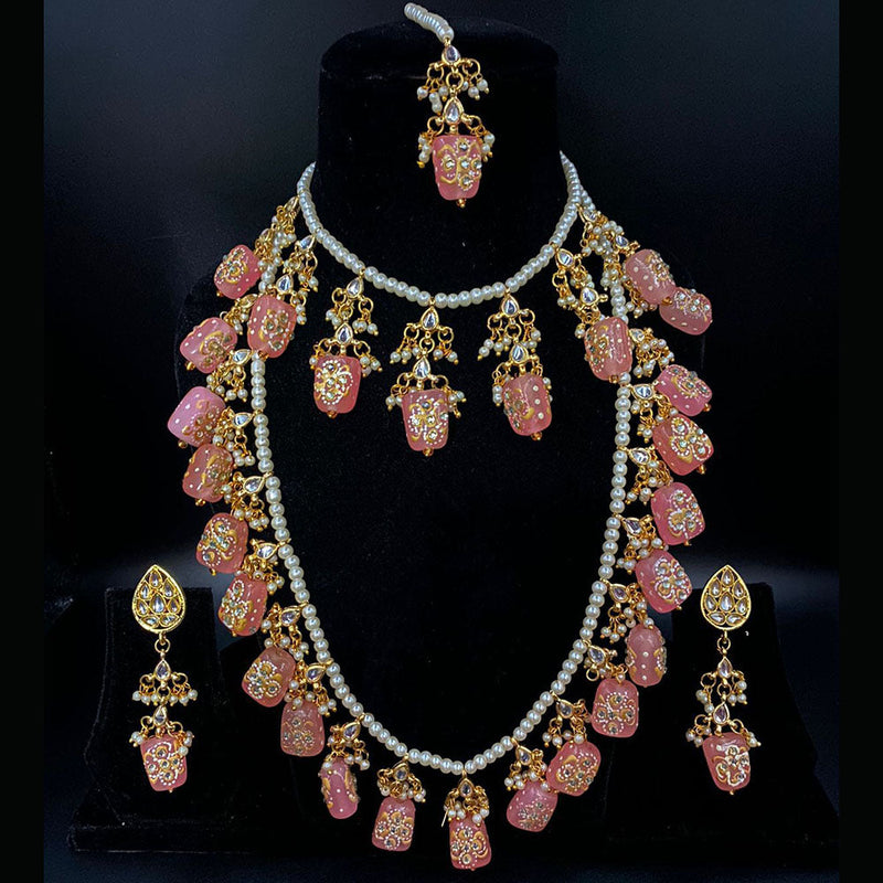 Shagna Gold Plated Kundan Stone And Pearls Long Necklace Set