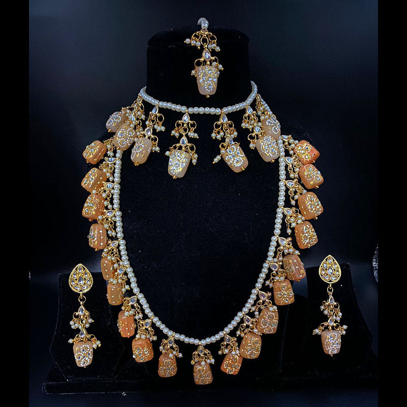 Shagna Gold Plated Kundan Stone And Pearls Long Necklace Set