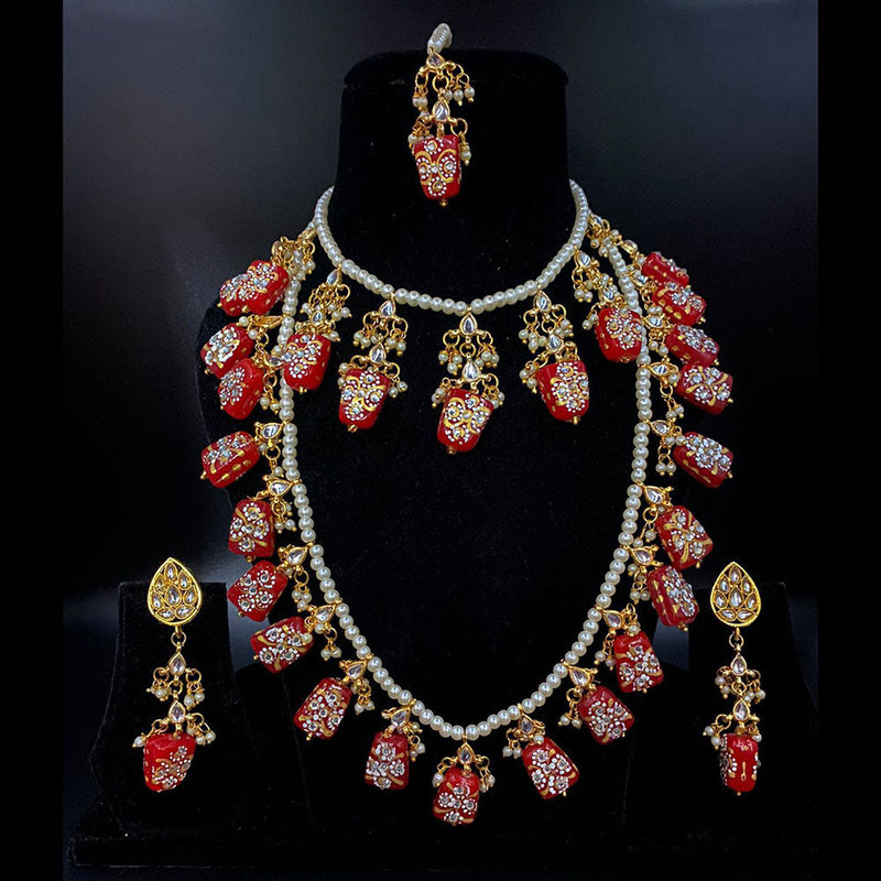 Shagna Gold Plated Kundan Stone And Pearls Long Necklace Set