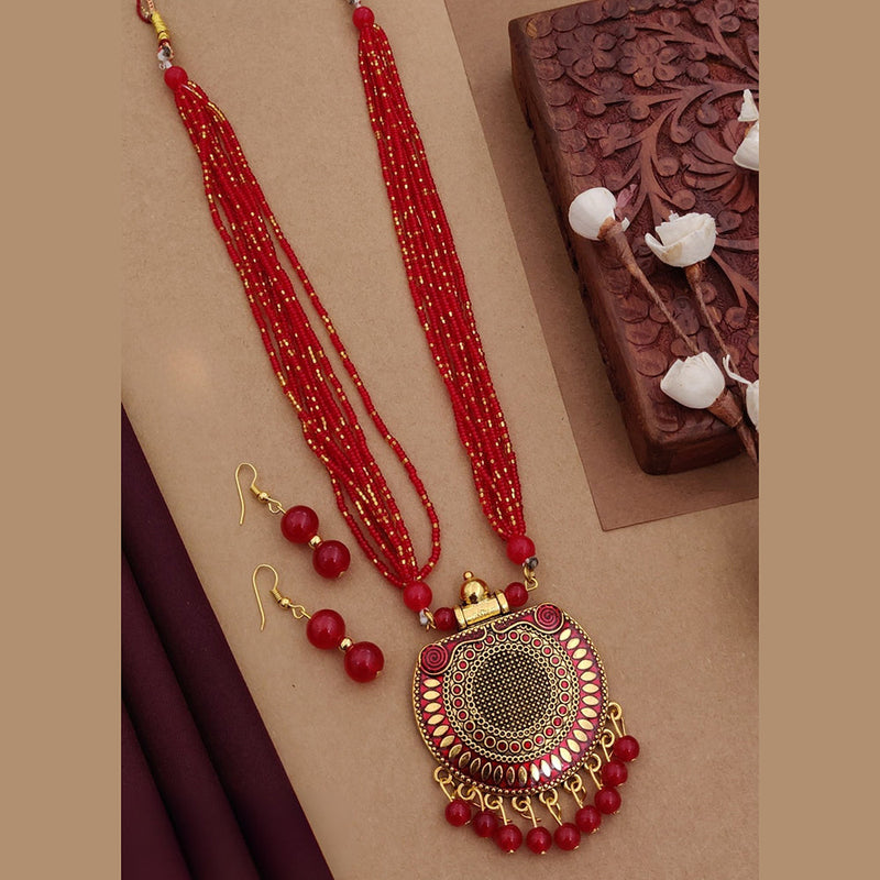 Shagna Gold Plated Pearl Meenakari Long Necklace Set