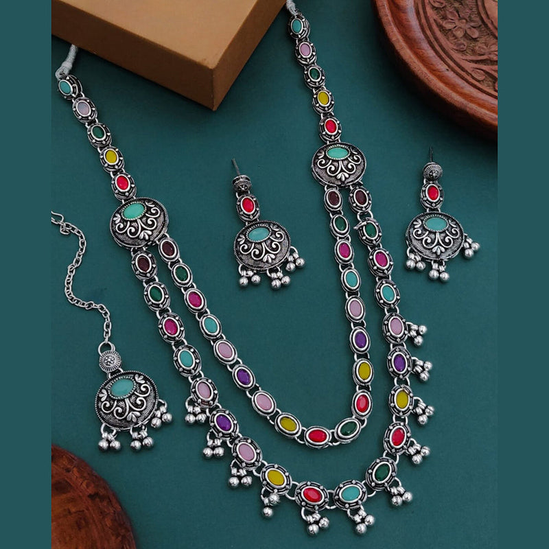 Shagna Oxidised Plated Crystal Stone And Ghungroo Double Layer Necklace Set