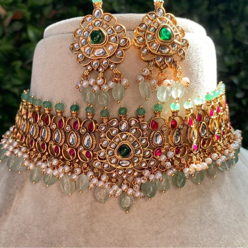 Shagna Gold Plated Kundan Stone Pearl And Beads Choker Necklace Set