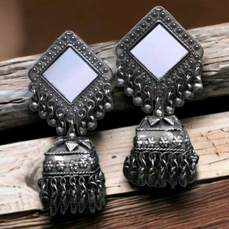 Blythediva Oxidised Plated Mirror Jhumki Earrings