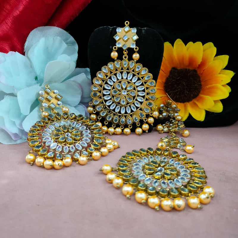 Blythediva Gold Plated Kundan Stone And Beads Dangler Earrings With Maangtikka