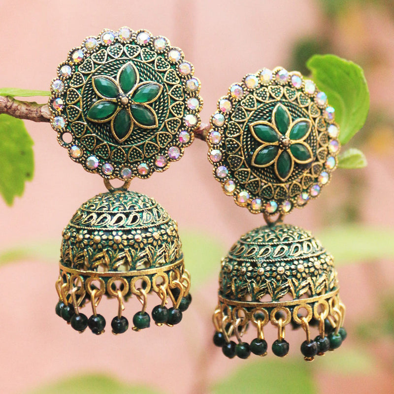 H K Fashion Antique Gold Austrian Stone And Beads Jhumki Earrings