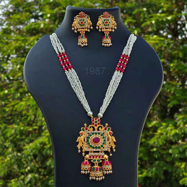 H K Fashion Gold Plated Victorian Stone  Long Necklace Set