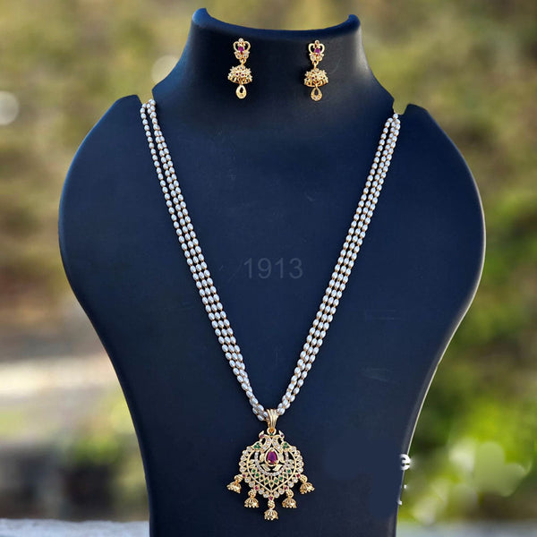 H K Fashion Gold Plated Austrian Stone And Pearl Long Necklace Set