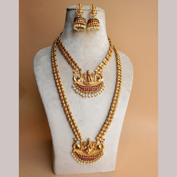 H K Fashion Gold Plated Pota Stone Temple Double Necklace Set