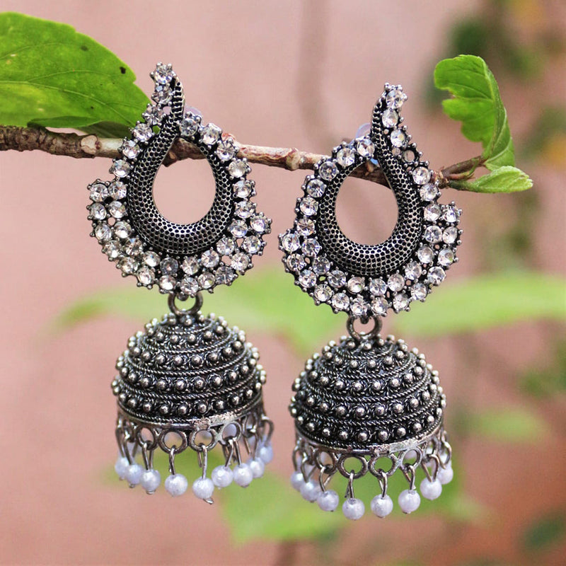 H K Fashion Oxidised Plated Austrian Stone Jhumki Earrings