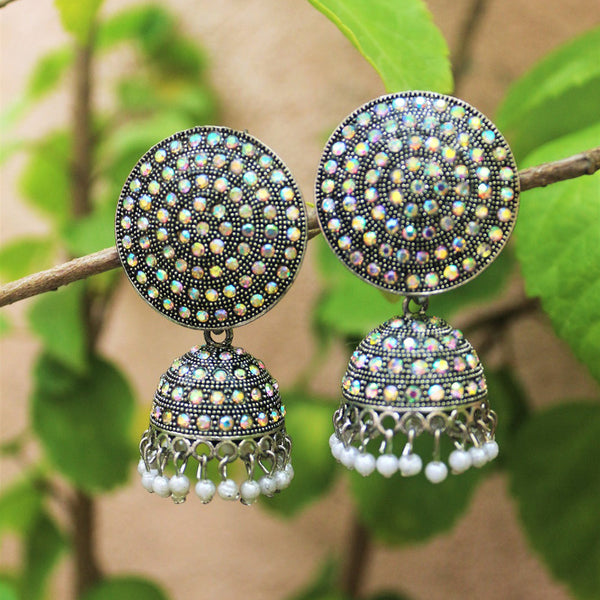 H K Fashion Oxidised Plated  Austrian Stone  Jhumki Earrings