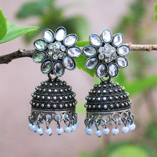 H K Fashion Oxidised Plated  Crystal Stone Jhumki Earrings