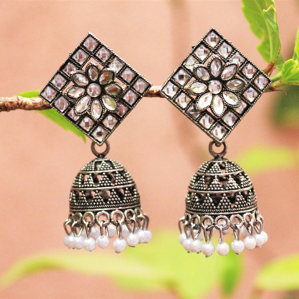 H K Fashion Oxidised Plated  Crystal Stone Jhumki Earrings