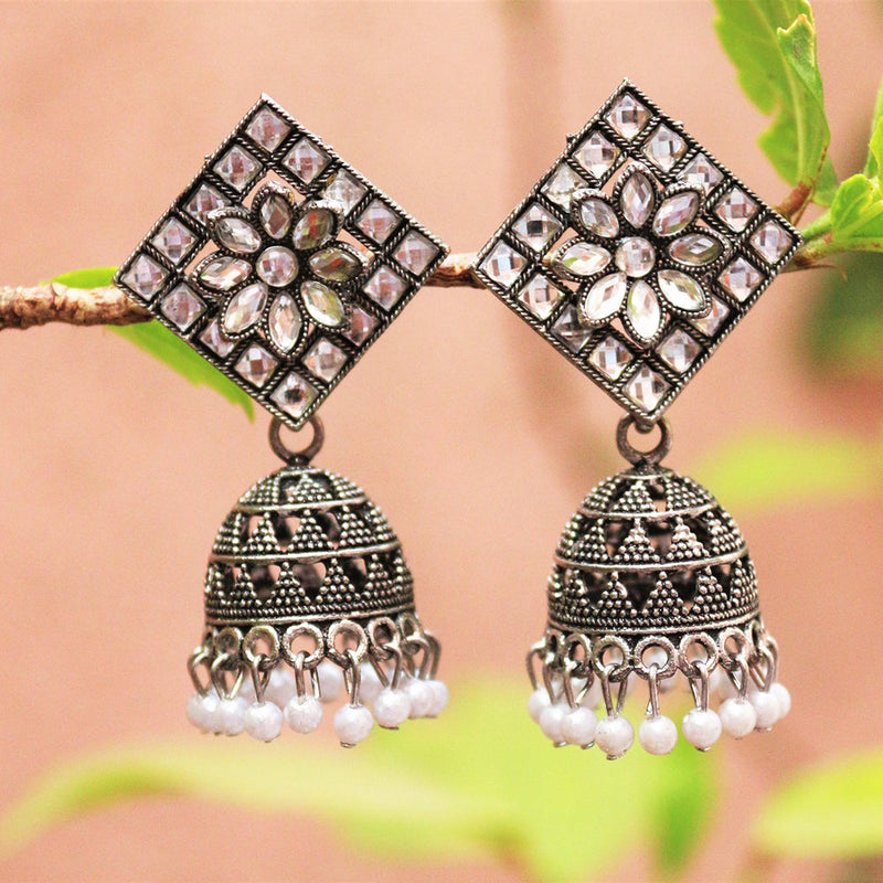 H K Fashion Oxidised Plated  Crystal Stone Jhumki Earrings