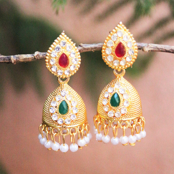 H K Fashion Gold Plated Austrian Stone And Pota Stone Jhumki Earrings