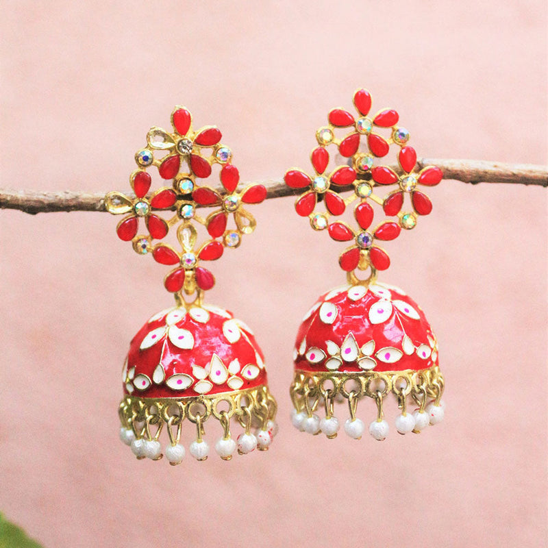 H K Fashion Gold Plated Crystal Stone Meenakari Jhumki Earrings