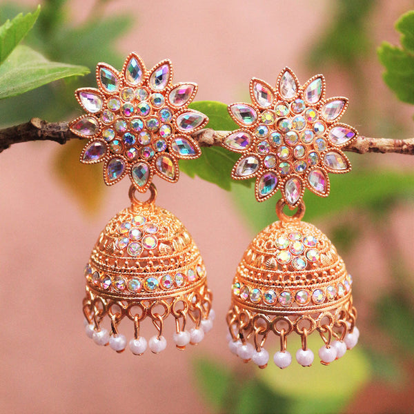 H K Fashion Rose Gold Plated Austrian Stone And Pearls Jhumki Earrings