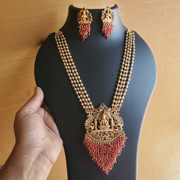 H K Fashion Gold Plated Pota Stone And Temple Long Necklace Set