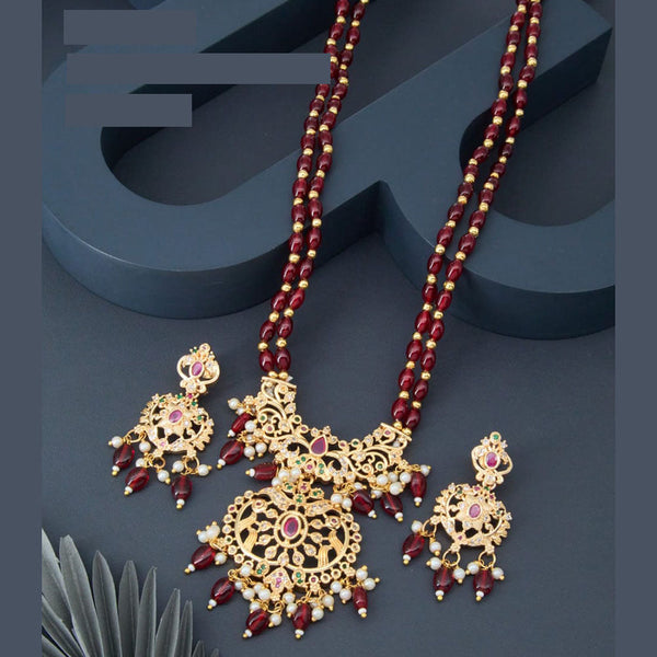 H K Fashion Gold Plated Austrian Stone And Beads Long Necklace Set