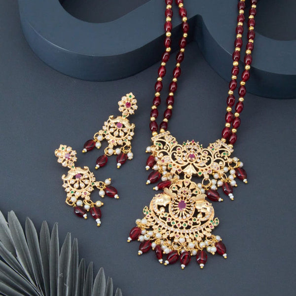 H K Fashion Gold Plated Austrian Stone And Beads Long Necklace Set