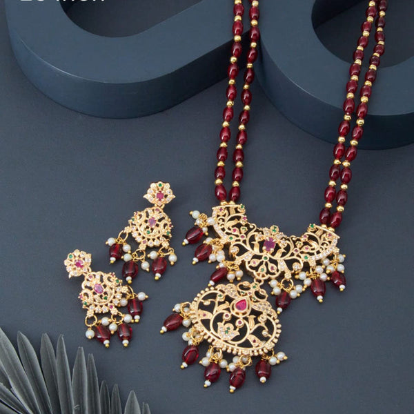 H K Fashion Gold Plated Austrian Stone And Beads Long Necklace Set