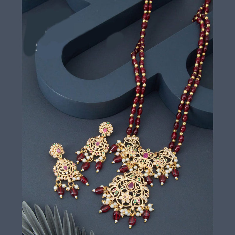 H K Fashion Gold Plated Austrian Stone And Beads Long Necklace Set