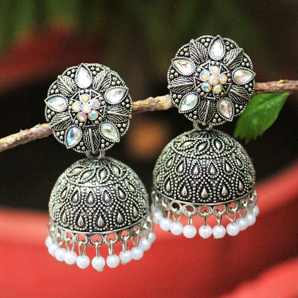 H K Fashion Oxidised Plated  Austrian Stone Jhumki Earrings