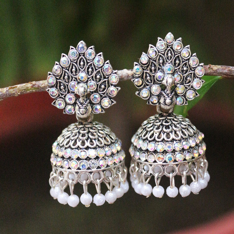 H K Fashion Oxidised Plated Austrian Stone Jhumki Earrings