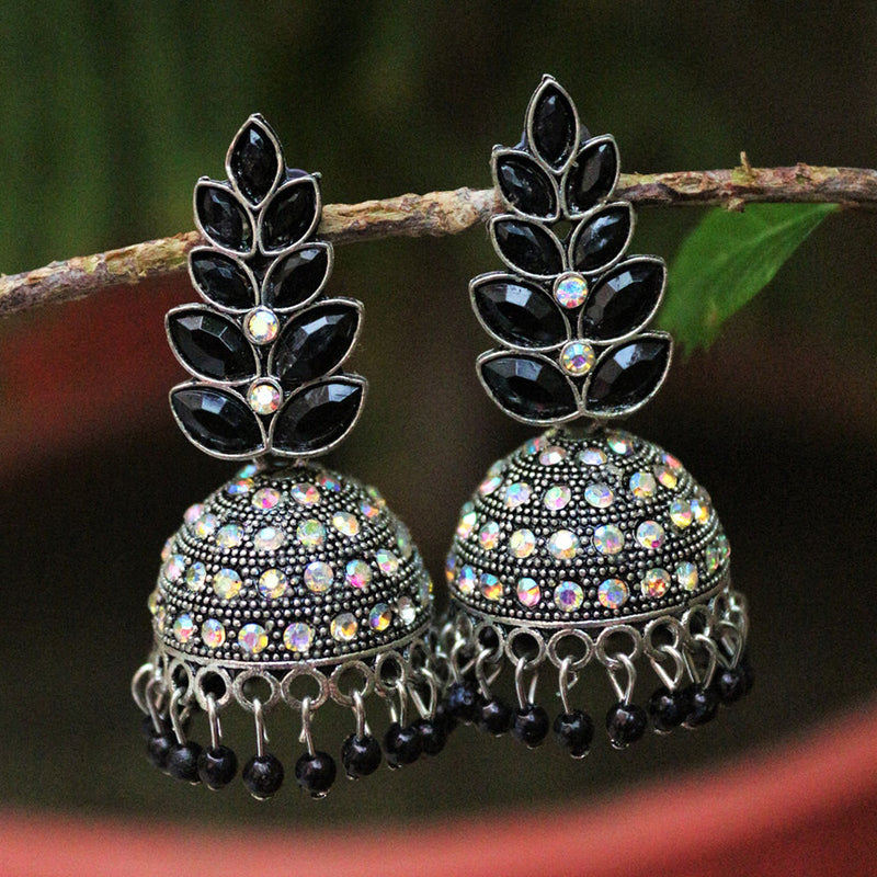 H K Fashion Oxidised Plated Pota Stone And Austrian Stone Jhumki Earrings