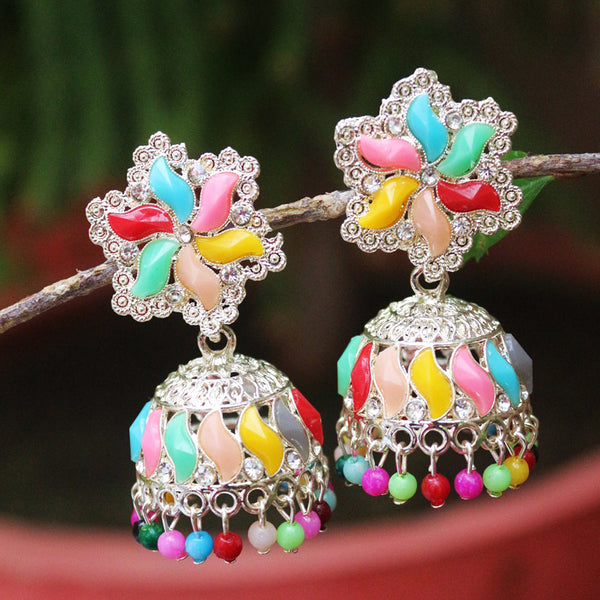 H K Fashion Silver Plated  Pota Stone And Beads Jhumki Earrings