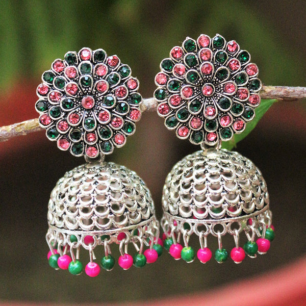 H K Fashion Silver Plated  Austrian Stone And Beads Jhumki Earrings