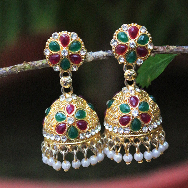 H K Fashion Gold Plated Pota Stone And Beads Jhumki Earrings