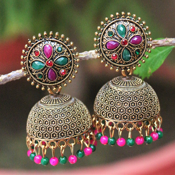 H K Fashion  Gold Plated Pota Stone And Beads Jhumki Earrings