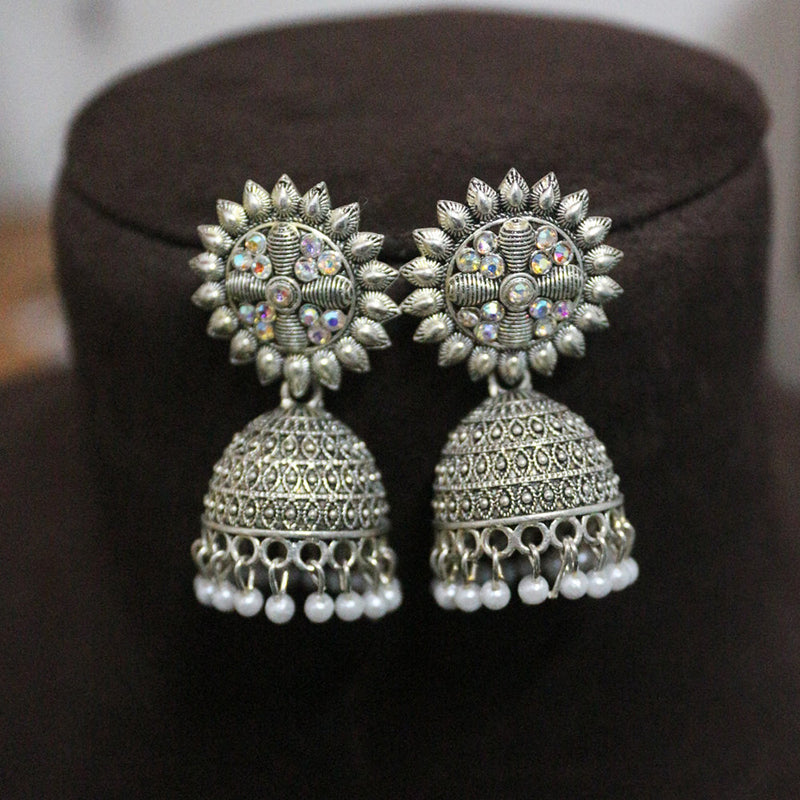 H K Fashion Oxidised Plated Austrian Stone And Pearls Jhumki Earrings