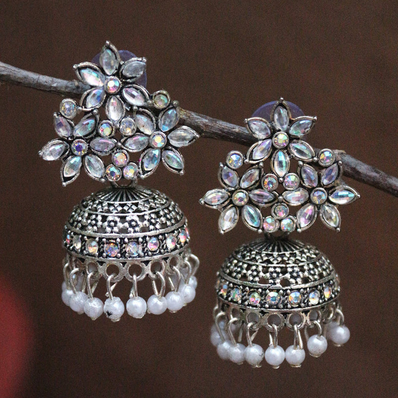 H K Fashion Oxidised Plated Crystal  Stone And Pearls Jhumki Earrings