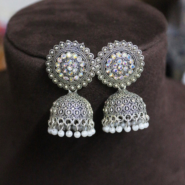 H K Fashion Oxidised Plated Crystal  Stone And Pearls Jhumki Earrings