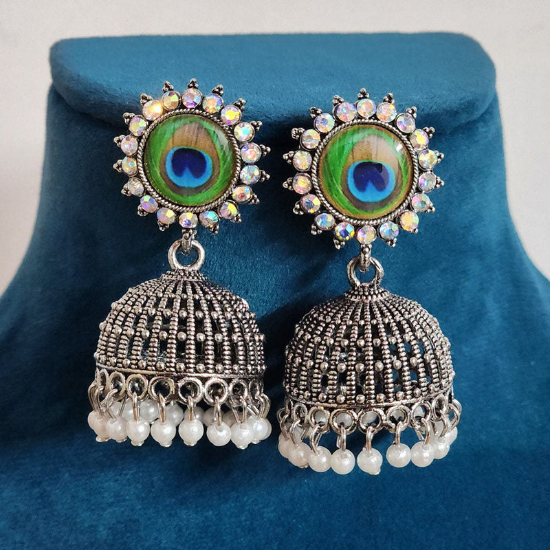 H K Fashion Oxidised Plated Austrian Stone And Pearls Jhumki Earrings