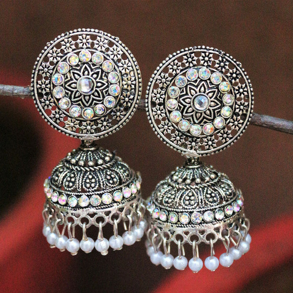 H K Fashion Oxidised Plated Austrian Stone And Pearls Jhumki Earrings