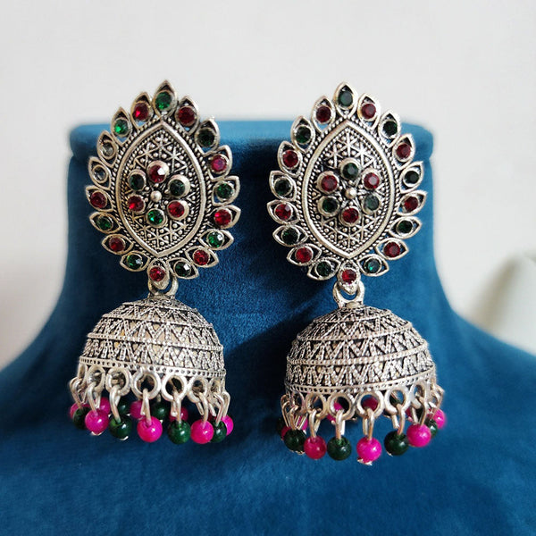 H K Fashion Oxidised Plated Austrian Stone And Pearls Jhumki Earrings