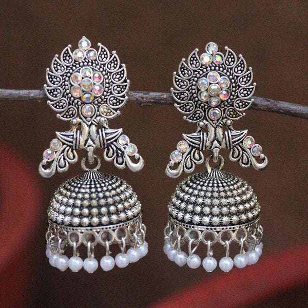 H K Fashion Oxidised Plated Austrian Stone And Pearls Jhumki Earrings