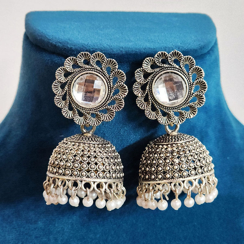 H K Fashion Oxidised Plated Crystal  Stone And Pearls Jhumki Earrings